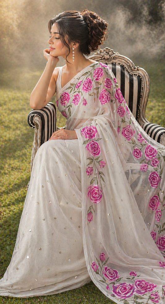 Luxury white hand-painted rose saree for women by Studio Tanvi, floral wearable art with sequin detailing.