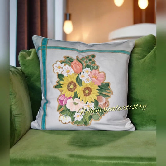Handpainted Pure cotton multi Floral Cushion cover