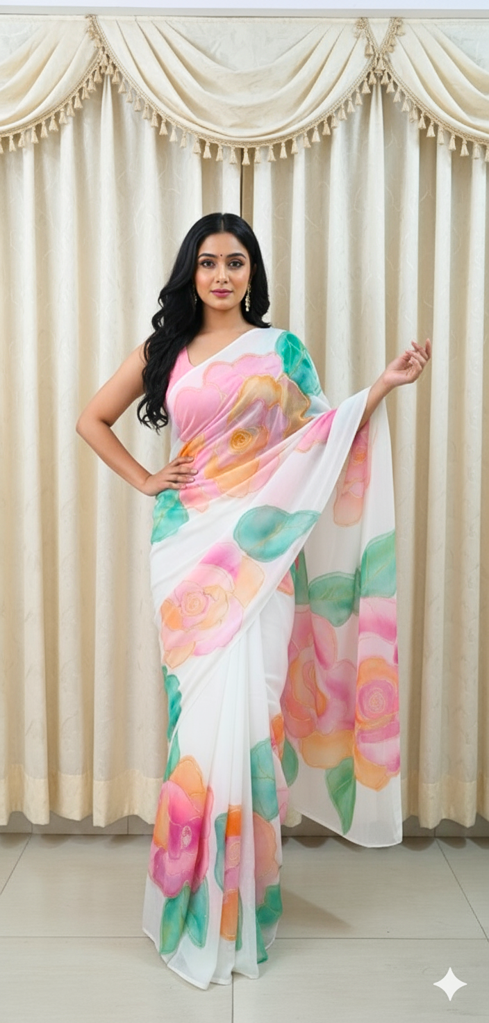 Gulmohini saree in pure chiffon with hand-painted rose motifs and golden gutta detailing