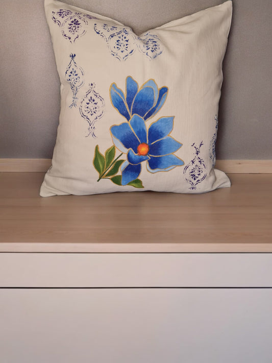 Handpainted Blue Flowers Pure Cotton Cushion cover